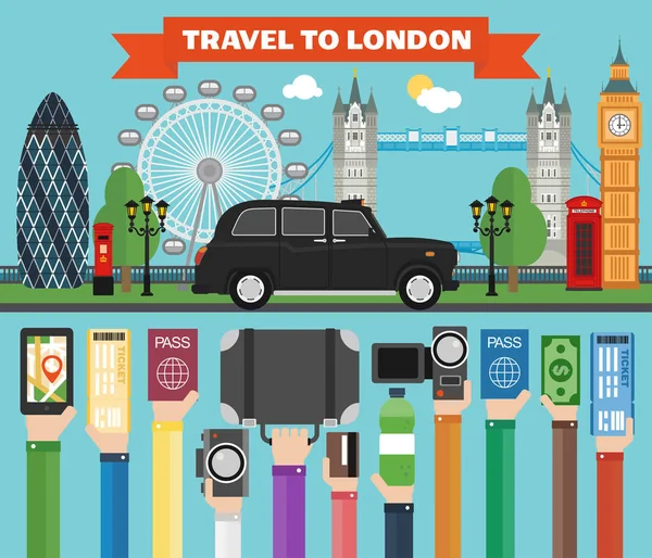 Londres concepto de viaje diseño plano con taxi — Vector de stock