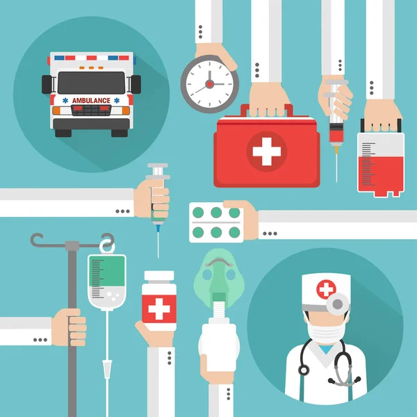 Sağlık düz çizmek ile ambulans ve doktor maskeli — Stok Vektör