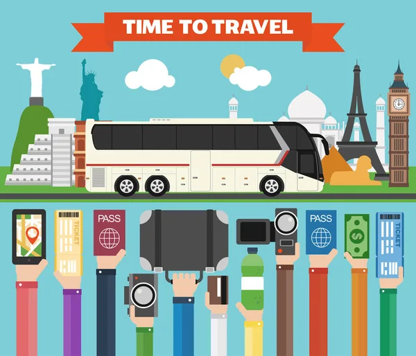Tiempo para viajar diseño plano con autobús turístico. Vacaciones verano — Vector de stock