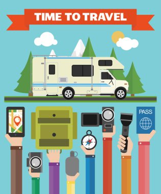 Zaman totravel modern düz tasarımı ile karavan, karavan, yaz tatili