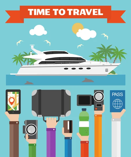 Time to Travel Flat design with yacht. Modern vector — стоковый вектор