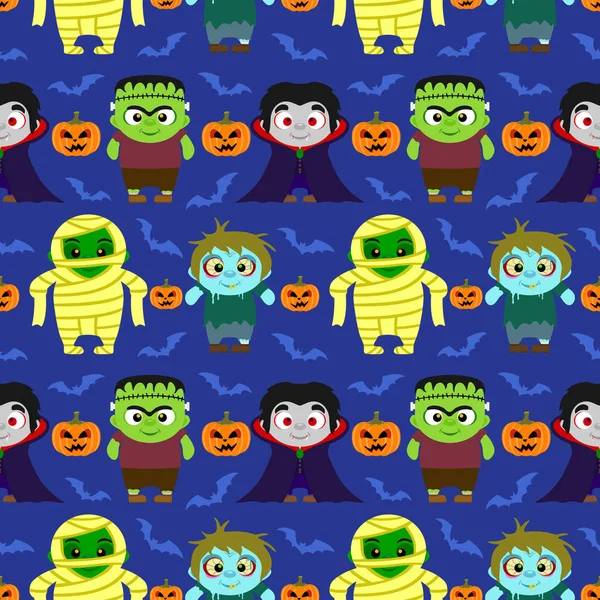 Nahtloser Halloween-Hintergrund mit Kindern im Halloween-Kostüm — Stockvektor