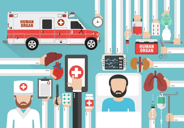人体器官移植汽车设计平与医生和病人 — 图库矢量图片
