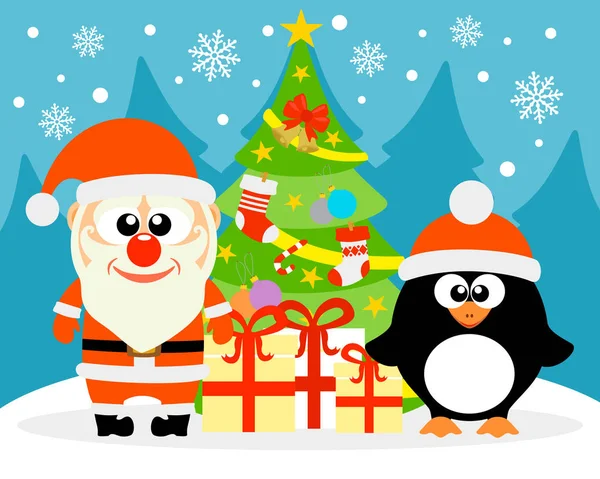 Ευτυχισμένο το νέο έτος κάρτα με penguin και τον Άγιο Βασίλη — Διανυσματικό Αρχείο