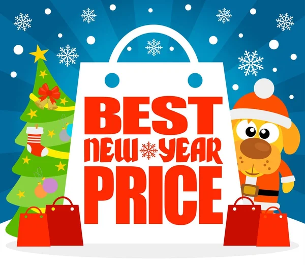 Best New Year Price card with dog in costume Santa — Stock Vector