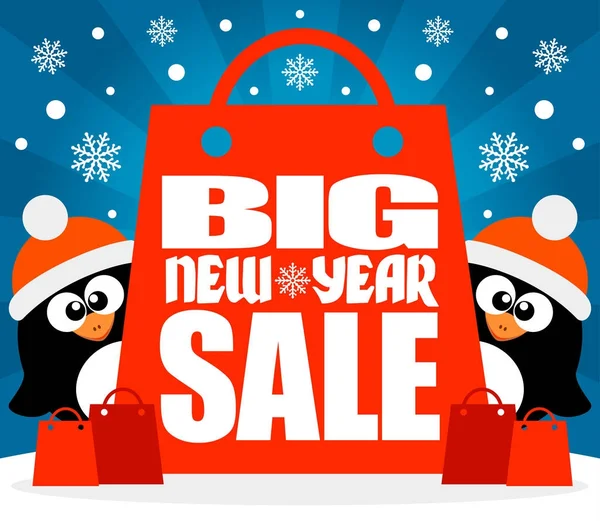 New Year Big sale background with two penguins — Stock Vector