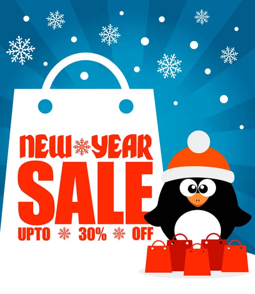 New Year sale background with penguin upto 30% off — Stock Vector
