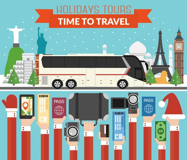 नवीन वर्ष सुट्टी पर्यटक बससह वर्ल्ड टूर्स डिझाइन फ्लॅट — स्टॉक व्हेक्टर