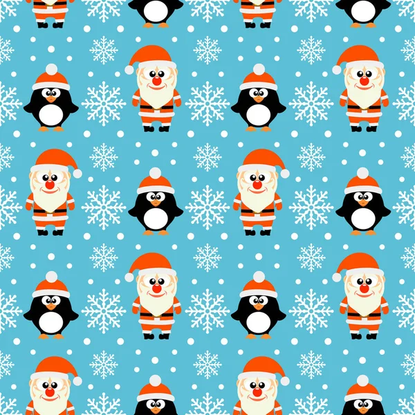 Nouvel An sans couture avec de nombreux Père Noël et pingouins — Image vectorielle