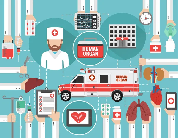 Concepto infográfico médico plano con coche órgano humano, hospital y médico — Archivo Imágenes Vectoriales