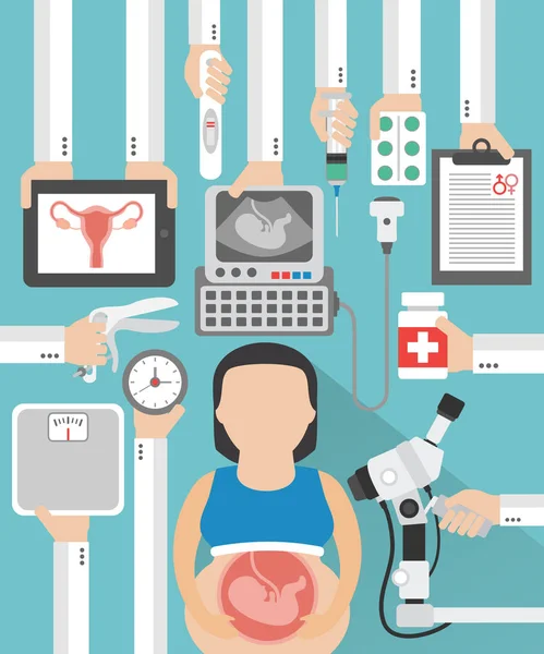 Gynekolog medicinsk platt design med gravid kvinna — Stock vektor