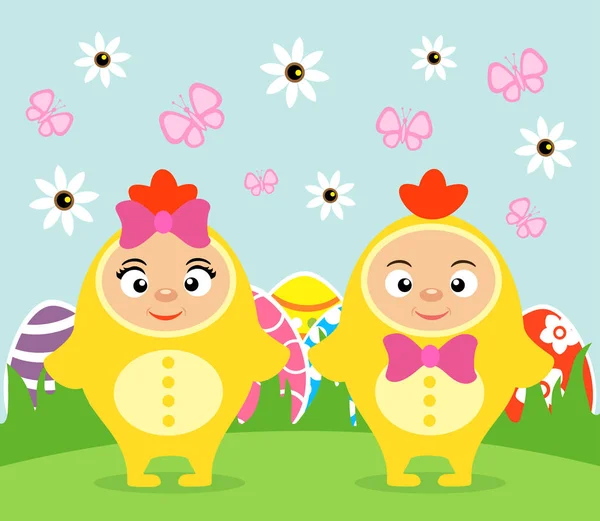 Bonne carte de Pâques avec des enfants drôles dans des poulets déguisés — Image vectorielle