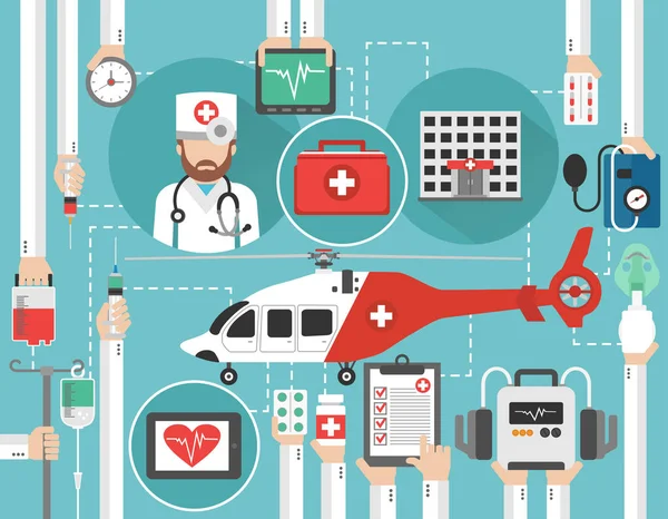 Projeto plano de saúde com helicóptero, hospital e médico vetor isolado —  Vetores de Stock