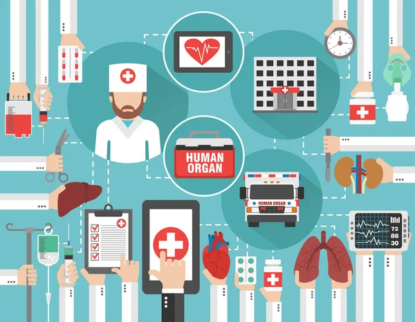 Medizinisches Infografik-Konzept Wohnung mit Auto menschliches Organ, Krankenhaus und Arzt, Online-Anruf — Stockvektor