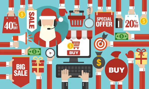 Koncepcja zakupów online Christmas sale płaskie, z komputerem i online Santa Claus — Wektor stockowy