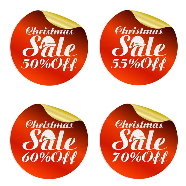 Weihnachtssticker Set 50%, 55%, 60%, 70% Rabatt mit Weihnachtsmann-Mütze — Stockvektor