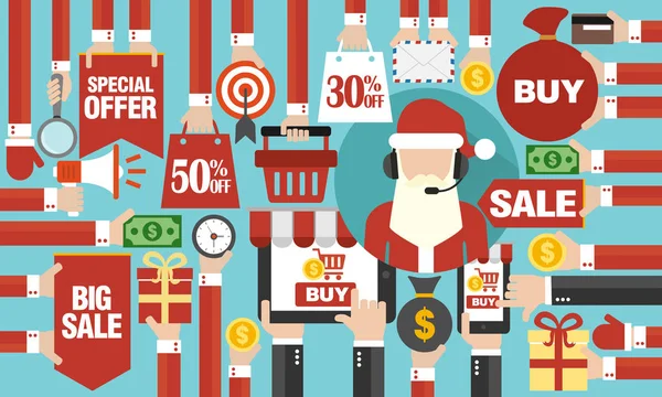 Koncepcja zakupów online Christmas sale mieszkanie, z laptopem, smartfonem i online Santa Claus — Wektor stockowy