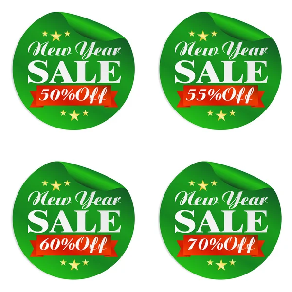 Neujahr Verkauf grüne Aufkleber Set 50%, 55%, 60%, 70% Rabatt — Stockvektor