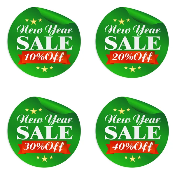 Neujahr Verkauf grüne Aufkleber Set 10%, 20%, 30%, 40% Rabatt — Stockvektor