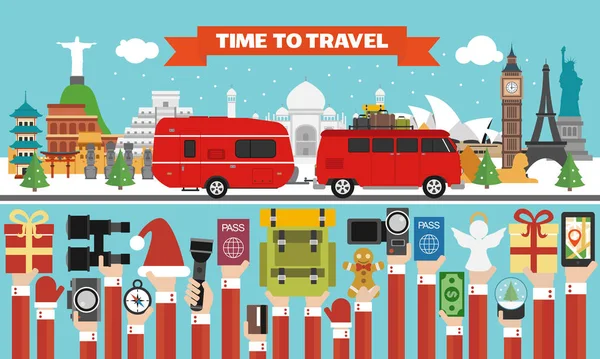 Año Nuevo tiempo para viajar diseño plano con microbús rojo, camping remolque, todo el mundo — Vector de stock