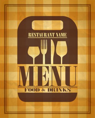 Masa örtüsünün üzerinde kesme tahtası olan yemek ve içecek kartı.