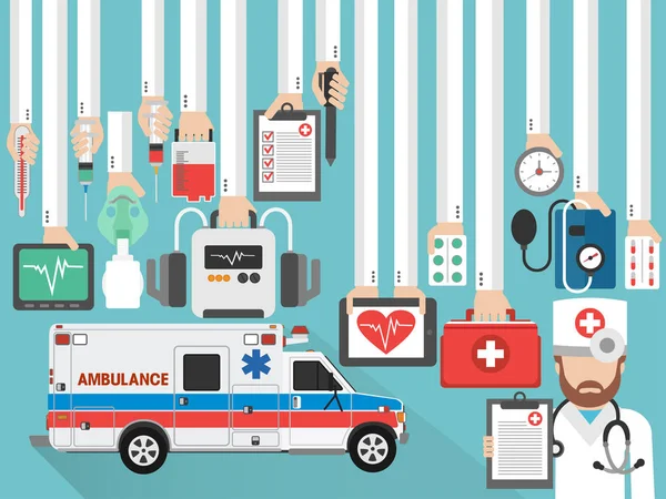 医疗服务。 与医生一起进行救护车平面概念设计 — 图库矢量图片