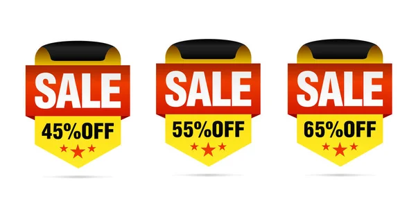 Gele set van sale badges, 45%, 55%, 65% korting met sterren — Stockvector