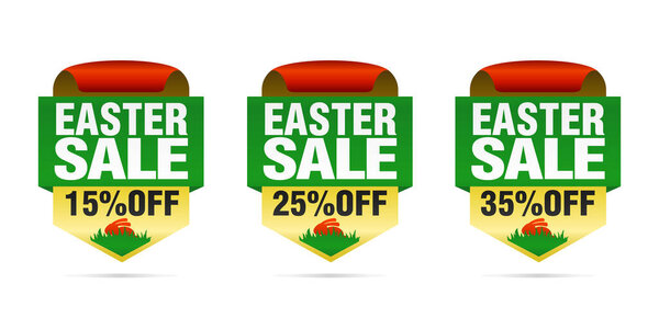 Easter sale set badges 15%, 25%, 35% off with Easter bunny. Vector illustration
