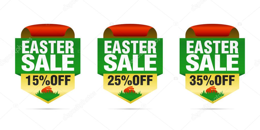 Easter sale set badges 15%, 25%, 35% off with Easter bunny. Vector illustration