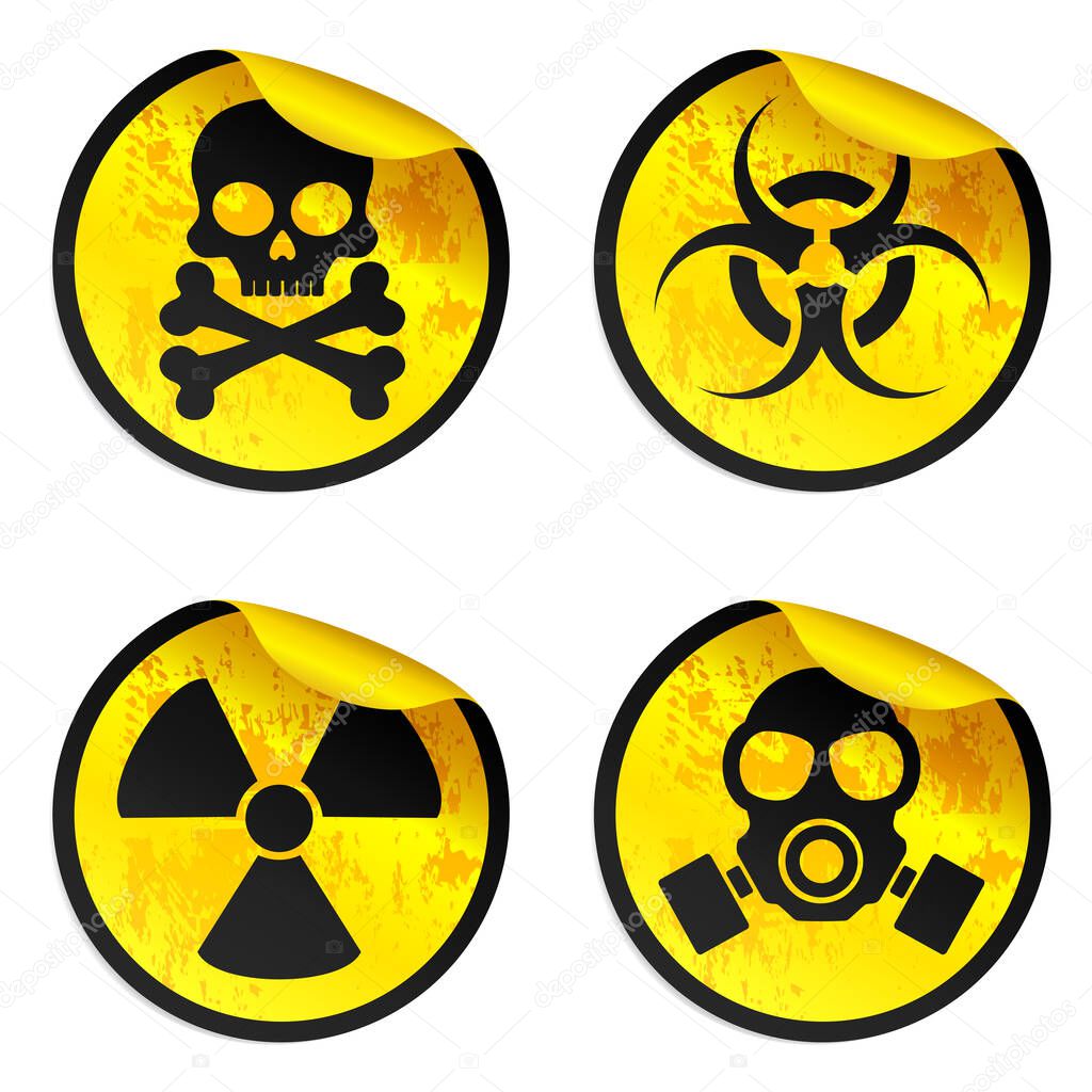 Danger yellow stickers set. Radiation warning sign, biohazard warning sign, gas mask warning sign, toxic warning sign. Vector illustration