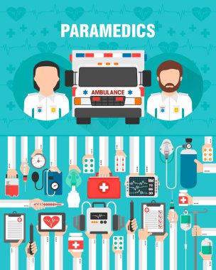 Tıbbi konsept düz tasarım. Ambulans ve sağlık görevlileri. Vektör illüstrasyonu