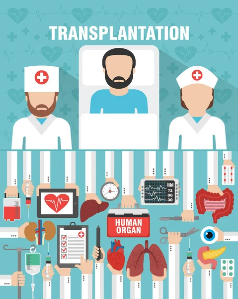 Koncepcja Medyczna Płaska Transplantacja Narządów Ludzkich Lekarz Pielęgniarka Pacjent Ilustracja — Wektor stockowy