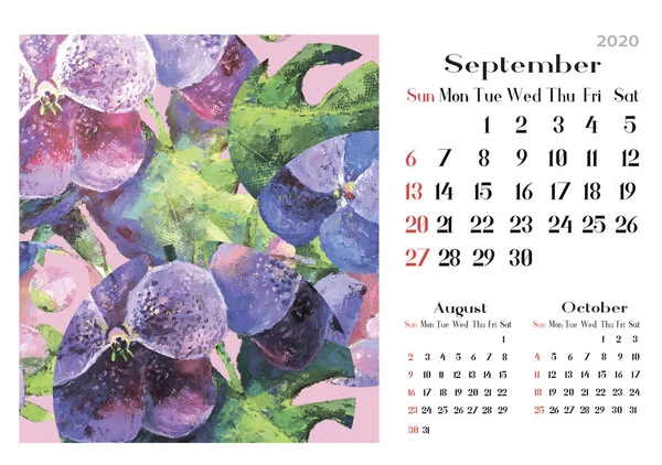 Monthly Calendar 2020 Abstract Oil Paintig Art Tropical Design September — Stock Photo, Image