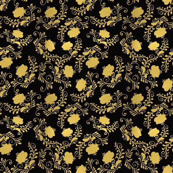 Gold Floral Seamless Pattern Black Background Motif Flowers Folk Style — Stock Photo, Image
