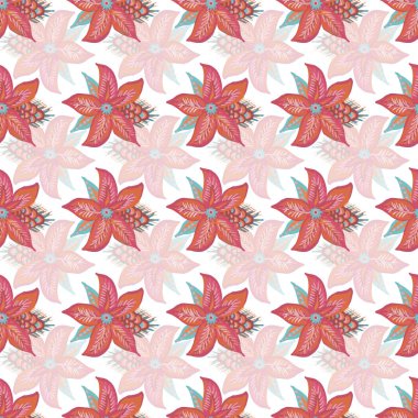 Motif kırmızı tropikal çiçekli, çok renkli, pürüzsüz bir model. Chintz çiçekli özgeçmiş tekrarı. Duvar kağıdı, tekstil, battaniye, giysi, ambalaj, parmak izi için doğulu halk tasarımı..