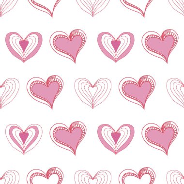 Kororatif romantik, pürüzsüz, kalbi olan sevimli bir model. Vektör. Doodle tarzı. Dekoratif El çizimi arka planı. Sevgililer Günü. Kırmızı, açık pembe, beyaz. Paket kağıdı, kumaş için 
