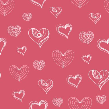 Kororatif romantik, pürüzsüz, kalbi olan sevimli bir model. Vektör. Doodle tarzı. Dekoratif El çizimi arka planı. Sevgililer Günü. Kırmızı, açık pembe. Paket kağıdı, kumaş için 