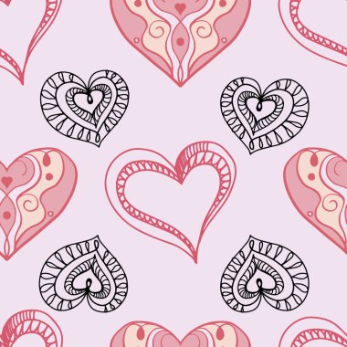 Açık pembe arka planda pembe ve karalamalı kalplerle renksiz desenler. Vektör. El çizimi. Sevgililer Günü. Kırmızı, açık pembe, siyah. Paket kağıdı, kumaş için 