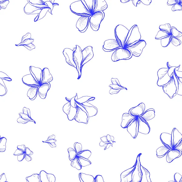 Vektor Nahtlose Grafische Muster Mit Blumen Von Plumeria Blaue Tinte — Stockvektor