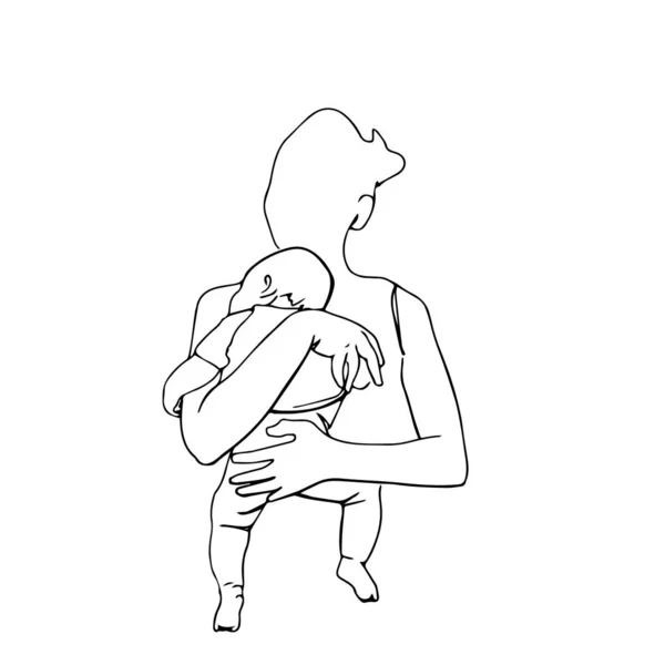 Mãe Com Bebé Desenho Mão Arte Linha Única Mãe Carregando — Vetor de Stock