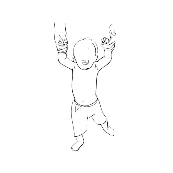 Outline sketch of walking baby. First steps of baby. — 스톡 벡터