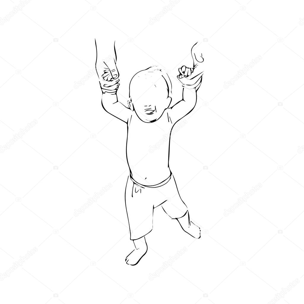 Outline sketch of walking baby. First steps of baby.  