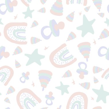 Renkli bebek deseni dekoratif gökkuşağı, yıldızlar, piramit oyuncakları, pastel renkli kalpler..