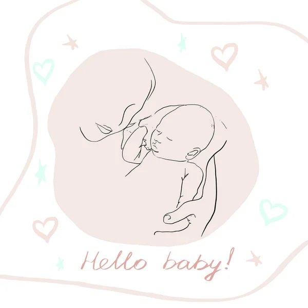 Hello baby. Colorful greeting card. Mother carrying her sleeping baby. — ストックベクタ