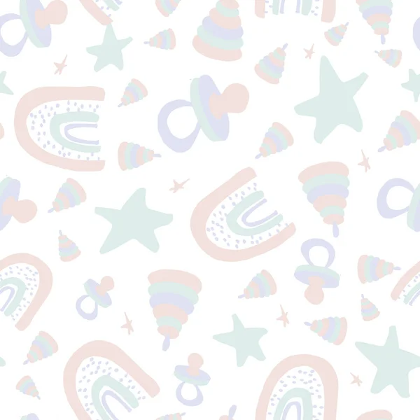 Colorful baby pattern with decorative rainbow, stars, toys of pyramid, hearts in pastel colors. — 스톡 벡터