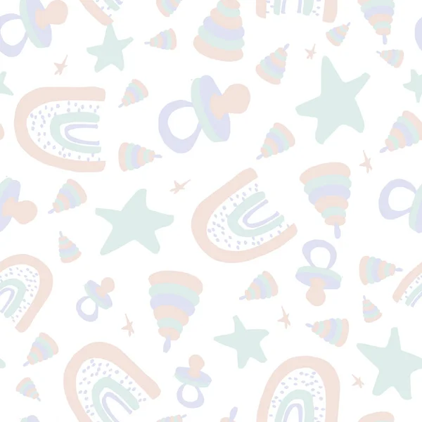 Colorful baby pattern with decorative rainbow, stars, toys of pyramid, hearts in pastel colors. — 스톡 벡터