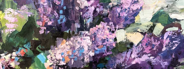 Abstract oil painting Horizontal background. Lilac tree in Impressionism style