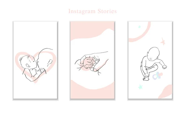 Instagram hikayeleri bebek ve anne, annelik, yeni doğan bebeklerin kolları hakkında. Modern tasarım. Açık pembe, beyaz renkler.