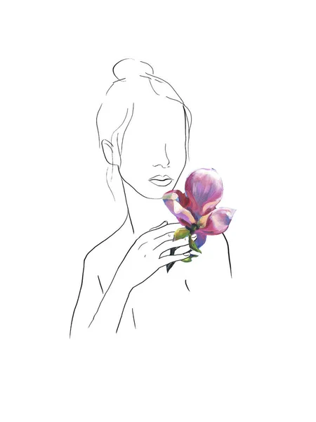 Frau mit einem Strauß Magnolienblüten. Linienkunst Illustration mit Öl bemalt große schöne rosa Blumen. Zeilenkunst. trendiger Stil. Moderne Kunst — Stockfoto