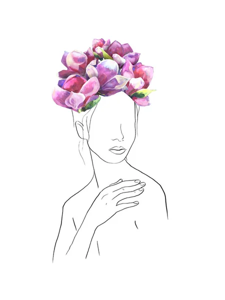 Mujer con ramo de flores de magnolia. ilustración de arte de línea con el óleo pintado grandes hermosas flores de color rosa. Arte de línea. Estilo de moda. Arte moderno — Foto de Stock